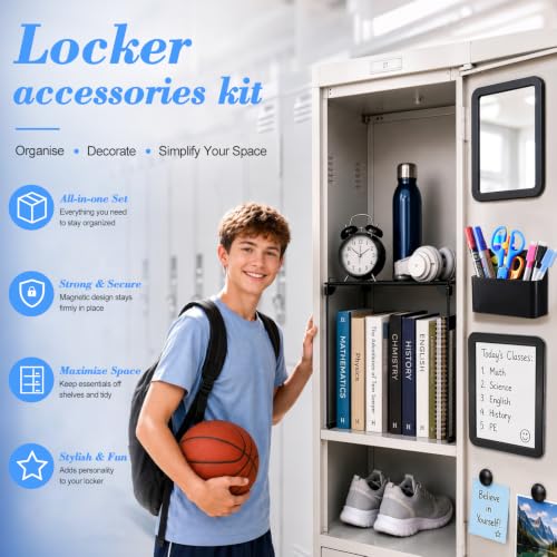 Fippy Black Locker Organizer Kit with Shelf, Magnetic Mirror & Whiteboard