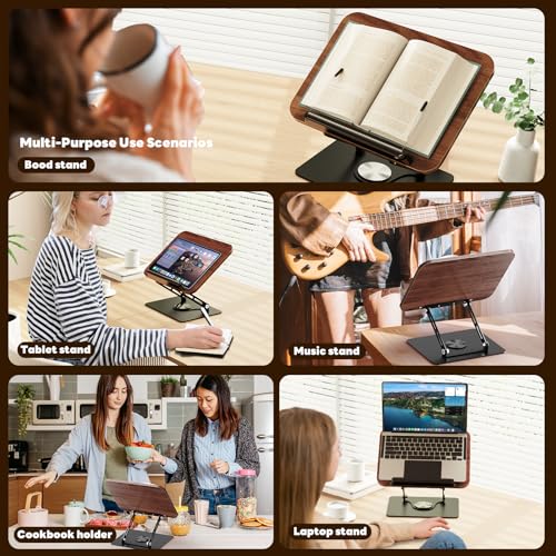 Abiglifty Book Stand for Reading,Adjustable Book Holder with 360¡Æ Rotating Base,Foldable Book Holder Stand for Cookbook,Textbook,Tablets, Laptops (Dark Wood)