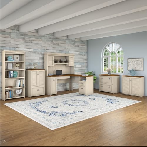 Bush Fairview 60W Hutch for L‑Shaped Desk – Antique White with Shelves & Cabinets