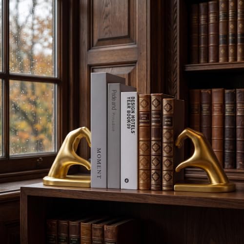 Gold Heart Hands Resin Bookend with Non-Slip Felt Base - Larger Size, Bookends for Living Room, Bedroom, Office | Xmeden Bookend-gold