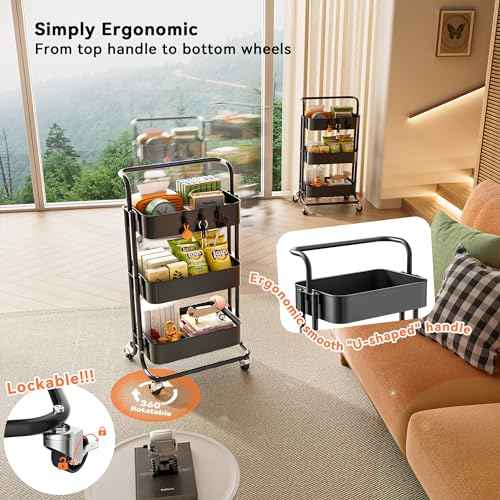 3 Tier Mesh Utility Cart, Rolling Metal Organization Cart with Handle and Lockable Wheels, Multifunctional Storage Shelves for Kitchen Living Room Office, Black