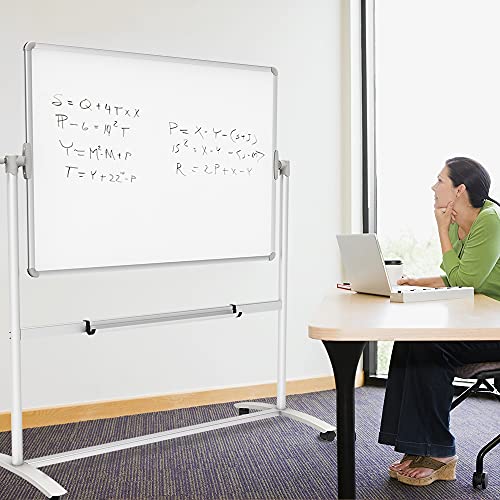 VIZ-PRO Double-Sided Magnetic Mobile Whiteboard on Wheels 48x36 Inch Silver