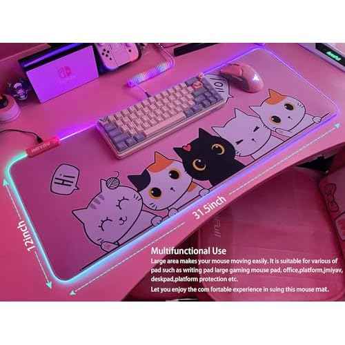 JMIYAV Pink Kawaii Cat RGB Gaming Mouse Pad 31.5x12 Inch PC XL Large Extended Glowing Led Light Up Cool Mouse pad Desk Pad Non-Slip Rubber Jmiyav Computer Mouse Pad Cute Mousepad Mat 31.5x12 Inch