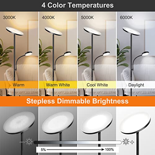 OUTON LED Floor Lamp, 27W/2400LM Modern Torchiere Lamp & 7W/ 400LM Reading Lamp, Bright Dimmable Standing Tall Lamp with 4 Color Temperature, Remote Touch Control for Living Room Bedroom Office, Black