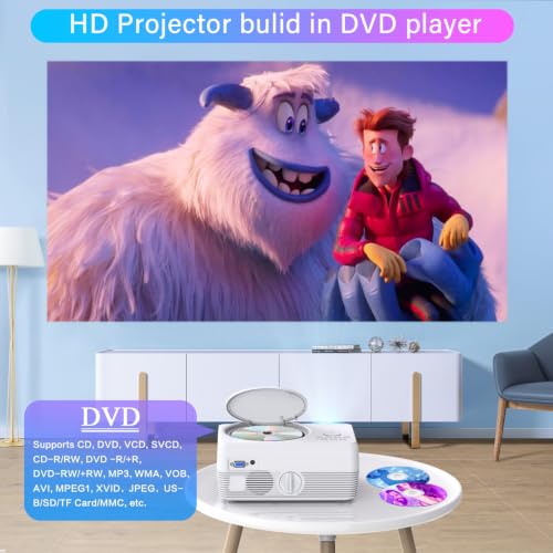Dxyiitoo White Full HD WiFi Bluetooth Portable DVD Projector with Built-in DVD Player