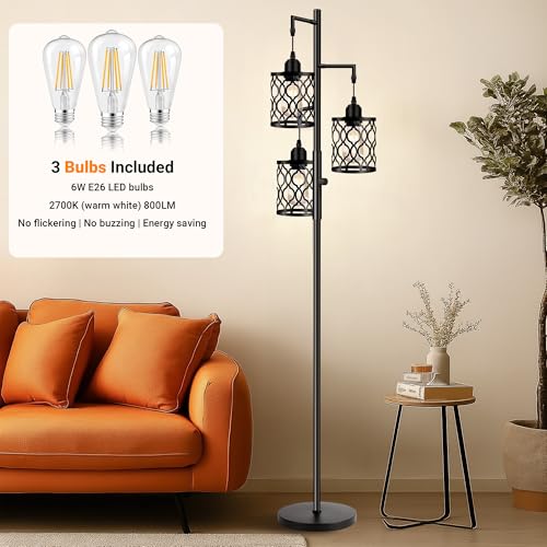 Dimmable Farmhouse Floor Lamp, Industrial Floor Lamp for Living Room with 3 X 6W LED Bulbs, 3 Light Rustic Standing Tall Lamp for Bedroom, Office, 68"