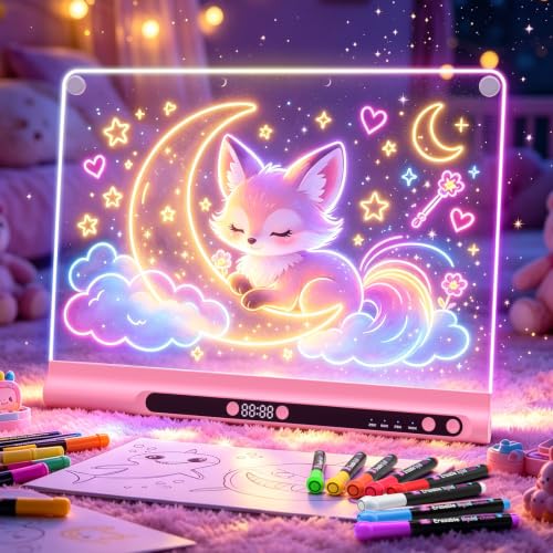 Pink 16-Inch Rechargeable LED Drawing Board for Kids with 9 Colors & Markers