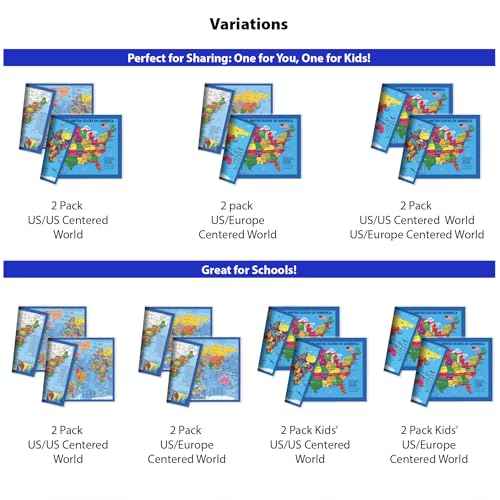 2-Sided Desk Map with Durable Lamination (1 Pack : US & US Centered World 17.5 x 11.5 inches)