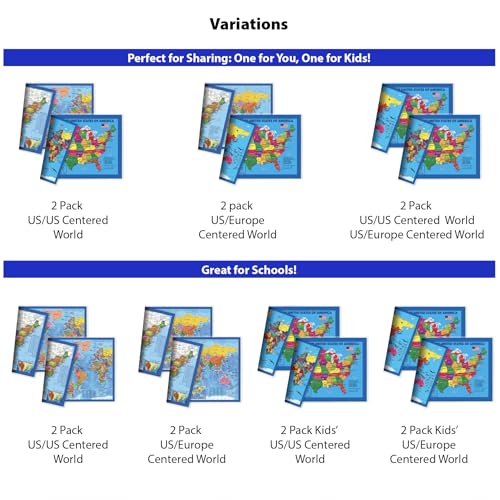 2-Sided Desk Map with Durable Lamination - US & US Centered World Map, 17.5 x 11.5 inches - NewSpaceView (Variation: US Map / US Centered World Map)