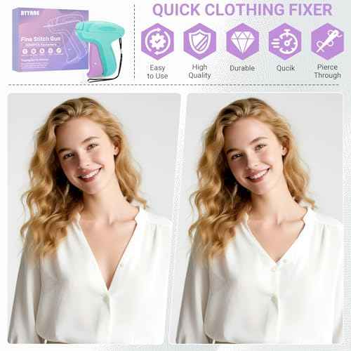 Stitch Gun for Clothes - Handheld Quick Clothing Fixer - Tagging Gun for Clothing, Sewing Kit - Includes 6 Fine Needles, 1000 Black & 1000 White Fasteners (Purple Green)