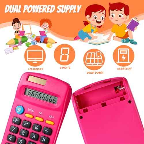 24 Pieces Basic Calculators for Students Small Pocket Size 8 Digit Display Mini Calculators Dual Powered Handheld for School Desktop Home(Rose Red)