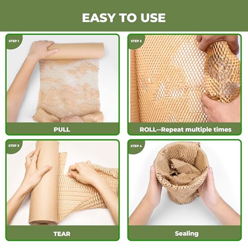 Honeycomb Packing Paper Wrap 15''x250', Substitute Alternative for Bubble Cushioning Wrap for Moving Shipping Packaging, Recyclable Moving Supplies with 60 Fragile Sticker Labels