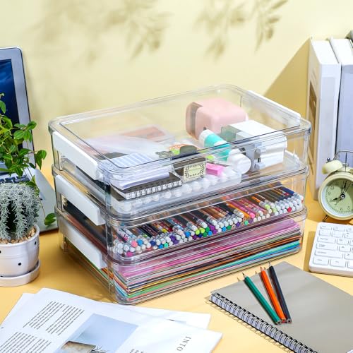 Leinuosen 3 Pcs 6 Qt Clear Plastic File Storage Boxes with Latches & Lids 9 x 13 Stackable Portable Project Case Storage Bins Certificate Organizer Container for A4 Paper School Supplies