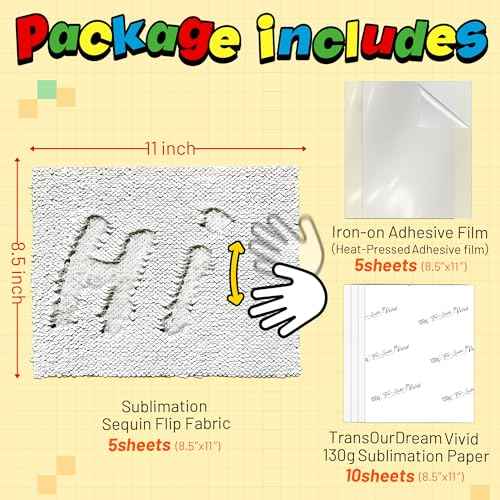 TransOurDream Sublimation Blanks Flip White Sequin Fabric (8.5¡¿11") Mermaid Fabric for Dark & Cotton T Shirts (5 Sets, Sequins Flip Fabric+Sublimation Paper+Iron-on Adhesive Film)