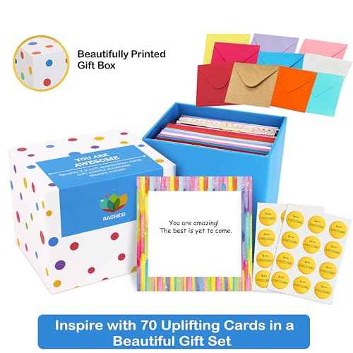 70 Inspirational Cards with Envelopes & Stickers ? 3.5x3.5 Positive Affirmation Notes in Gift Box ? Encouragement, Gratitude, Motivation.