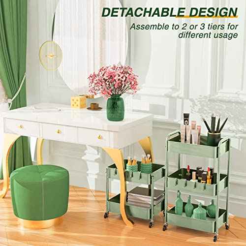 LEHOM 3 Tier Rolling Storage Cart, Metal Trolley Utility Cart with Wheels & Hooks, Easy Assembly Organizer Storage Cart for Bathroom Kitchen Office Bedroom (Green)