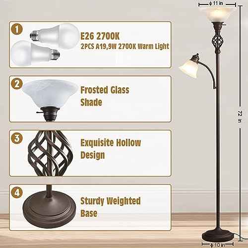 Torchiere Floor Lamp for Living Room, LED Standing Reading Light for Bedroom with Glass Shade for Living Room Corner Bedroom Home Office,Bulbs Included (Red Brown,Glass 2 Head)