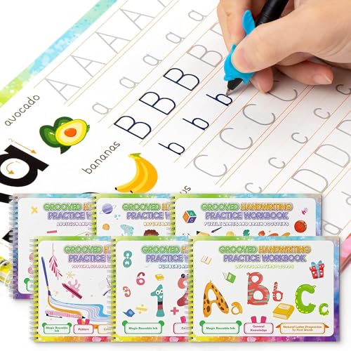 Magic Grooved Writing Practice Books, Grooved Handwriting Practice for Kids 3+, Preschool Learning Activities (6 Books with Pens)