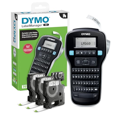 DYMO LabelManager 160 Label Maker Bundle with 3 D1 Tape Cassettes, Portable Handheld Office Organizer