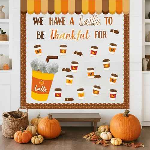 BeYumi Thanksgiving Latte Bulletin Board - 81Pcs We Have A Latte To Be Thankful For Bulletin Board Fall Coffee Cup Cutout with Tissue Paper Pompoms School Classroom Chalkboard Wall Supplies Decoration