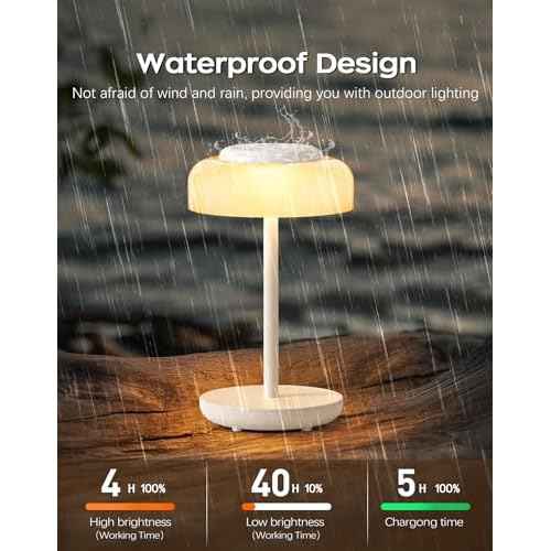 QiMH Battery Operated LED Table Lamp, 5000mAh Rechargeable Cordless Lamp, Stepless Dimmable Touch Control, Small Waterproof Desk Night Light for Living Room, Bedroom, Outdoor Bar (White)