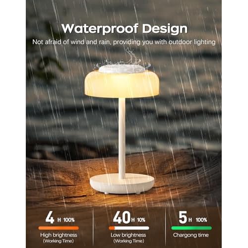 QiMH Battery Operated LED Table Lamp, 5000mAh Rechargeable Cordless Lamp Set of 2, Stepless Dimmable Touch Control, Small Waterproof Desk Night Light for Living Room, Bedroom, Outdoor Bar (White)