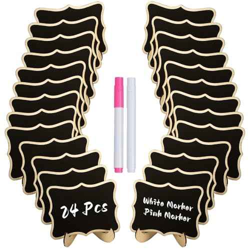 Uniclife 24 Pack Mini Chalkboard Signs for Food, Small Chalkboard Signs with Stands Chalk Markers & Replacement Stickers, Reusable Wooden Labels for Party Buffet Wedding, Blackboard Place Cards, Wavy