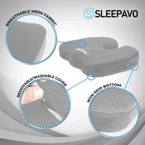 Sleepavo Gray Memory Foam Seat Cushion for Office Chair - Cooling Gel Pillow for Sciatica Coccyx Back Tailbone and Lower Back Pain Relief - Chair Pad for Lumbar Support in Office Desk, Car, Airplane
