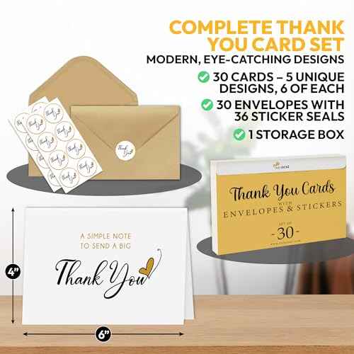 30 Pack Thank You Cards with Envelopes and Stickers ? 4 x 6 in Simple Thank You Notes, Blank Inside, Minimalist Bulk Box Set for Weddings, Baby Showers, Small Businesses, Birthdays