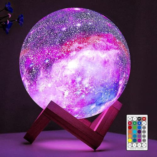 BRIGHTWORLD 5.9 Inch Galaxy Moon Lamp with Wooden Base, 16 Colors LED 3D Night Light, Remote & Touch Control, Gift for Kids & Adults