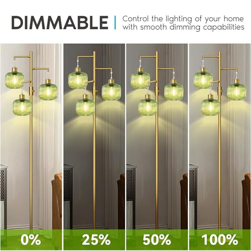 Gold Floor Lamp for Living Room, Dimmable Tree Standing Lamp with Green Glass Shape, Modern Tall Lamps for Bedroom, 3¡¿600LM LED Bulbs Included