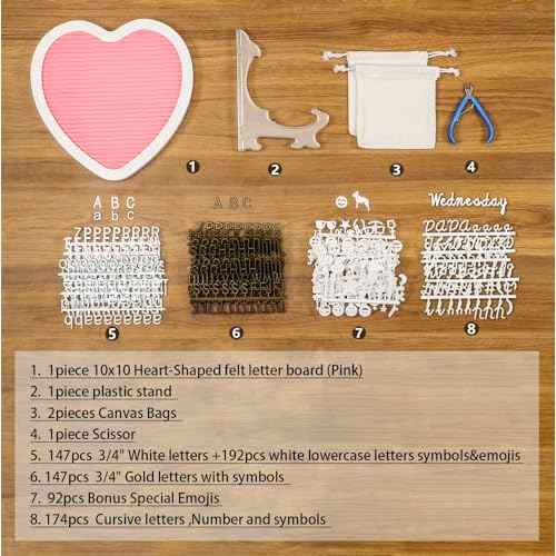 Heart-Shaped Felt Letter Board Message Sign,10x10 inches Message Board with 465 Changeable White&Golden Letters,Numbers,Cursive Words and Stand for Party,Pregnancy,Wall&Tabletop Decor (Pink)