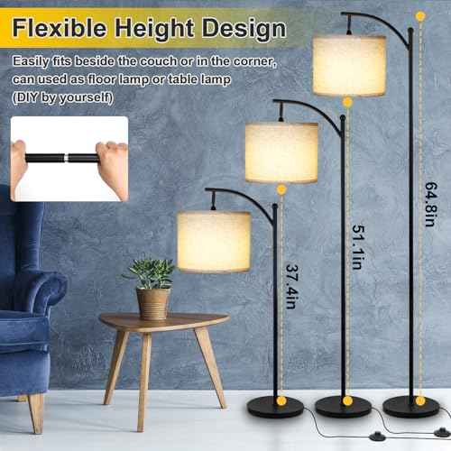 Modern Floor Lamp, 3-Ways Dimmable Standing Lamp with Linen Shade, Adjustable Height, Foot-Step Switch, Reading Lamp for Living Room, Bedroom, Office, 9W Bulb Included (Black)