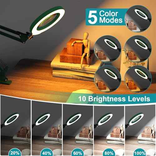 10X Magnifying Glass with Light and Stand, Green 2-in-1 Desk Lamp & Clamp Light, 5 Color Modes, Brightness Stepless Dimming LED Lighted Magnifier Hand-Free, Magnifier Lamp for Crafts - Green