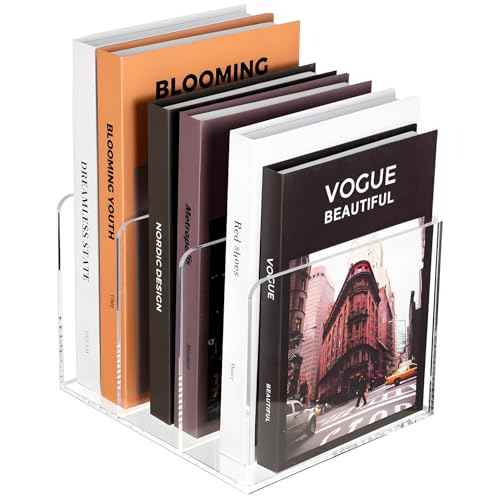 SEANADO Clear Acrylic Magazine File Holder with 3 Vertical Compartments Desk Organizer Book Rack for Home Office Desk Sorter Paper Folder Stand Bookshelf