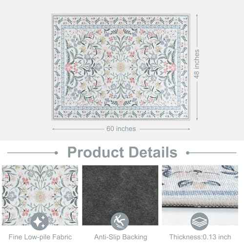Anidaroel Office Chair Mat for Hardwood Floor/Tile Floor, 48"x60" Boho Floral Computer Chair Mats, Anti-Slip Beige Under Desk Rug for Office Home, Low Pile Floor Protector for Rolling Chair