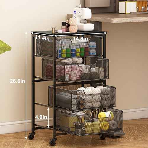 Rolling Cart with Drawers, 4-Drawer Storage Cart on Wheels with Wooden Top, Metal Utility Cart with Storage Drawers, Craft Storage Art Cart for Classroom, Office, Kitchen, Bedroom