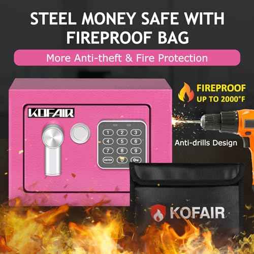 Safe Box for Home Safe (0.23 Cubic Feet) with Fireproof Bag, Personal for Money Safe for Cash Saving, Mini Safety with Key, Digital Safety with Light, Money Lock Box (Pink)