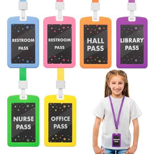 Set of 6 School Hall Pass Lanyards - 6 Color Safety Silicone Passes for Classrooms Office Student Teacher Supplies - Chalking Styles