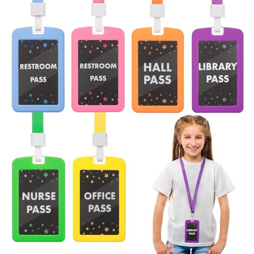 6 Sets School Hall Pass Lanyards with Silicone Holders - Classroom Must Haves, Chalking Styles