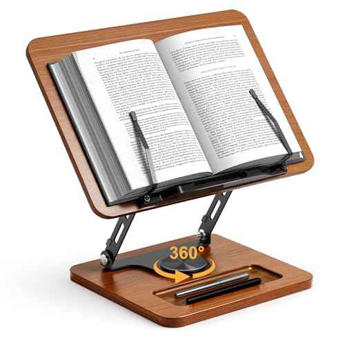 Book Stand for Reading, 360¡Æ Rotating Hands Free Book Holder, Adjustable Height and Angle, Page Clip for Cookbook, Recipe, Magazine, Laptop,Tablet, Foldable for Kitchen, Office, School