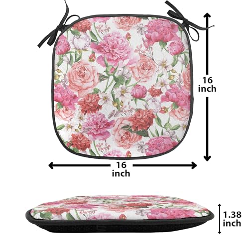 Ambesonne Watercolor Flower Chair Seating Cushion Set of 4, Victorian Floral Pattern Painting Style Print with Peonies Roses, Anti-Slip Seat Padding for Kitchen & Patio, 16"x16", White Pink Blush