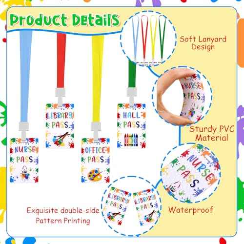 8 Packs Art Hall Passes, Unbreakable PVC School Passes and Soft Lanyards Set, Elementary Middle School/Teacher Supplies for Classrooms Hall Library Restroom Nurse Office Supplies