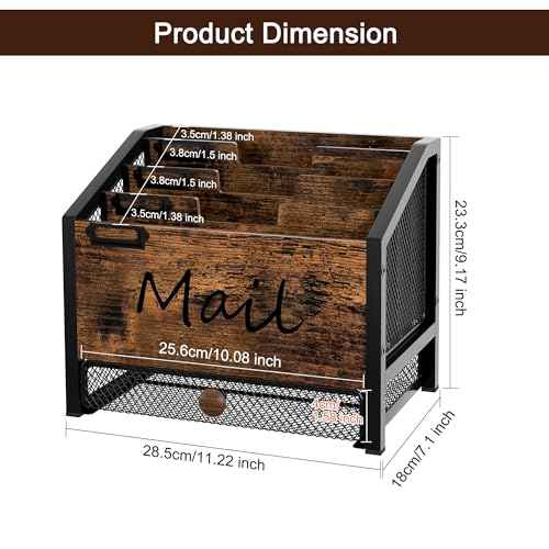 Mail Organizer - 4 Slots Wooden Desk Organizer with Mesh Drawer, Countertop Mail Receipt Business Card Holder, Vertical File Sorter Letter Tray, Black/Antique