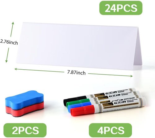 Dry Erase Name Tents by [Brand Name] - 24 Reusable Table Cards 8.75” x 3” with Markers & Erasers | Perfect for Meetings & Classes