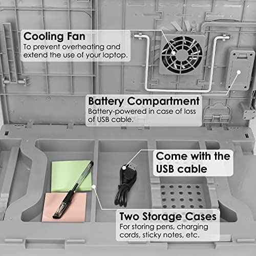 Grey Foldable Laptop Table with Cooling Fan, Adjustable Lap Desk and Mouse Pad, 4 USB Ports for Bed, Couch, Sofa, Floor