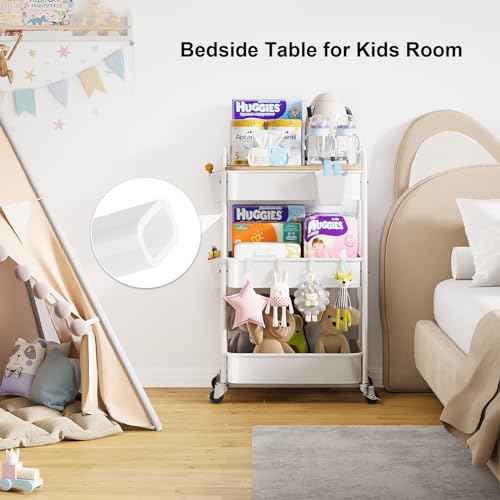 3 Tier Rolling Cart Metal with Wheels and Bamboo Table Top, Art Cart Organizer on Wheels, White Three Tiered Storage Utility Carts for Craft, Baby, Diaper Caddy,Coffee,Kitchen,Cleaning,Office Supplies