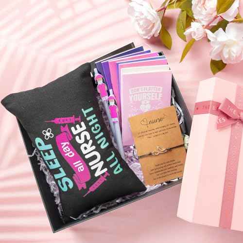 Qilery 100 Pcs Nurse Appreciation Gifts Set 25 Nurse Makeup Cosmetic Bag 25 Doctor Nurse Ballpoint Pens 25 Notebooks Pocket Journal 25 Stethoscope Rn Bracelet for Women Rn Assistant Student