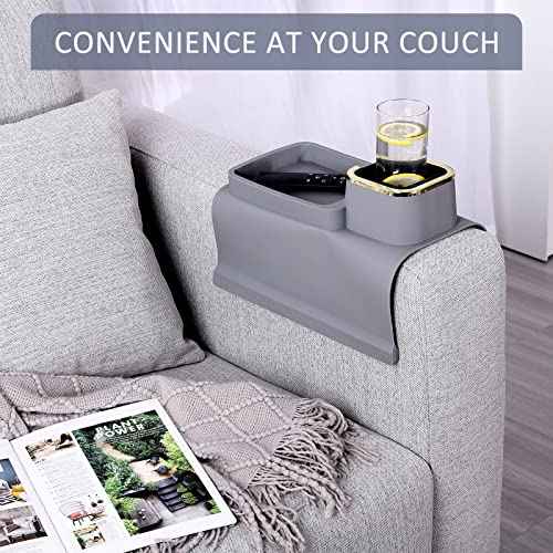 HMASYO Couch Cup Holder Tray - Silicone Sofa Armrest Table Couch Drink Holder and Tray Organizer for Remote Snacks Cellphone, Anti-Spill Anti-Slip Design, Gifts for Family Mom Dad Grandma