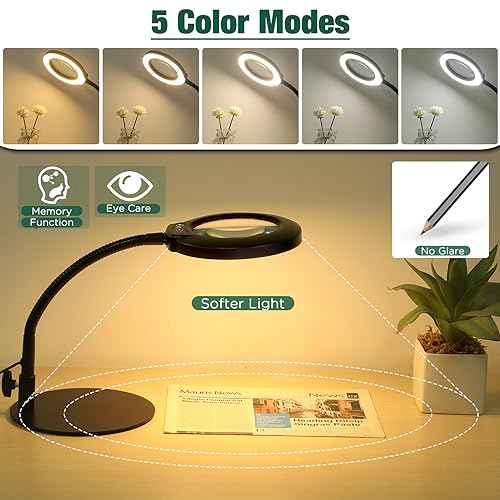 Drdefi 10X Magnifying Glass with Light and Stand, 5 Color Modes Stepless Dimmable Flexible Gooseneck Magnifying Desk Lamp, LED Lighted Magnifier Hands Free for Close Work Craft Reading Painting Hobby